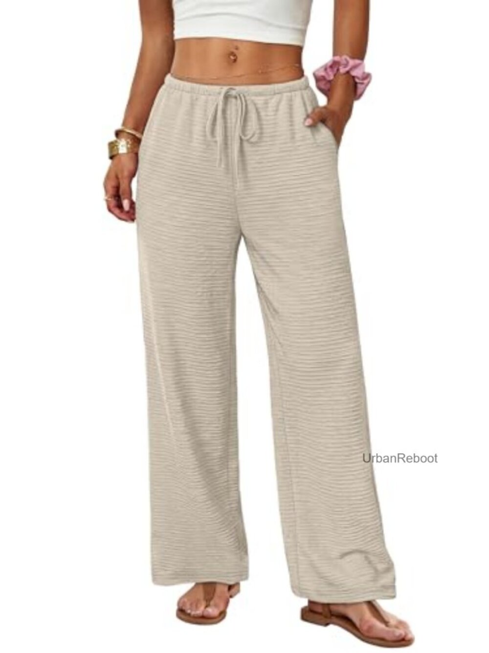 Wide Leg Palazzo Pants Women Drawstring Elastic Waist Flowy Trousers Pockets